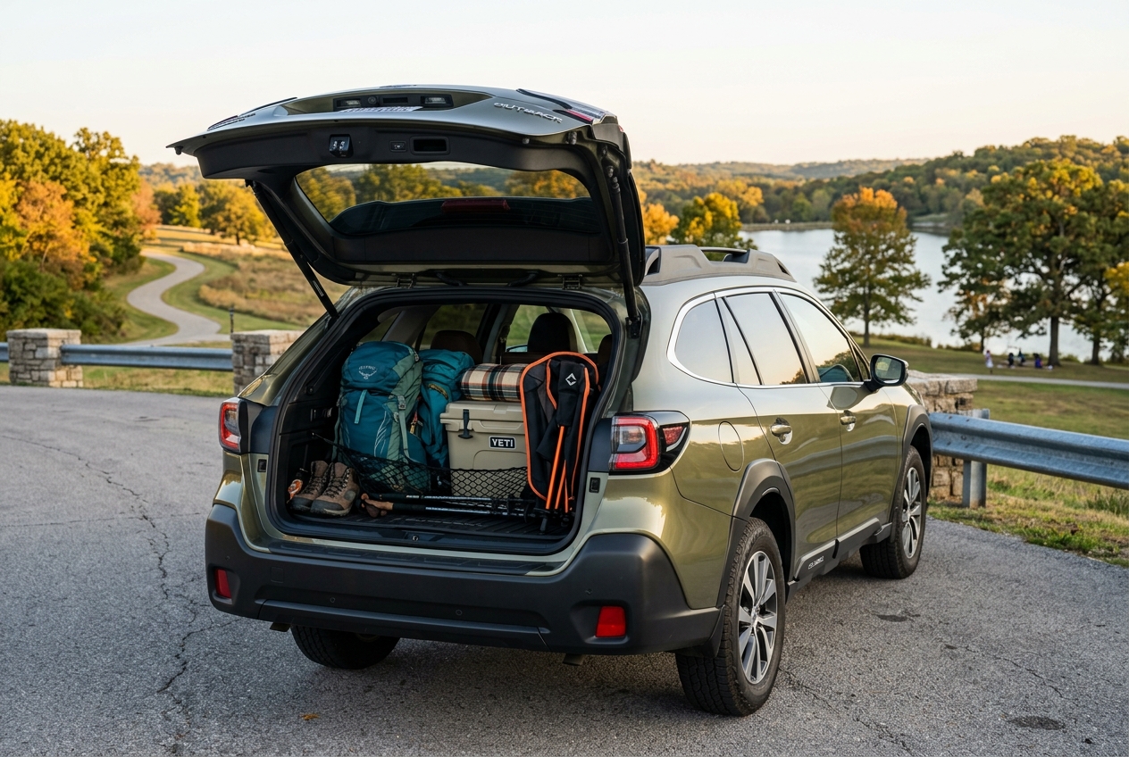 Open tailgate of a green Subaru Outback loaded with camping gear, a cooler, and backpacks near a lake. (Representative image for illustration purposes only. Actual vehicle may vary based on trim and configuration.)