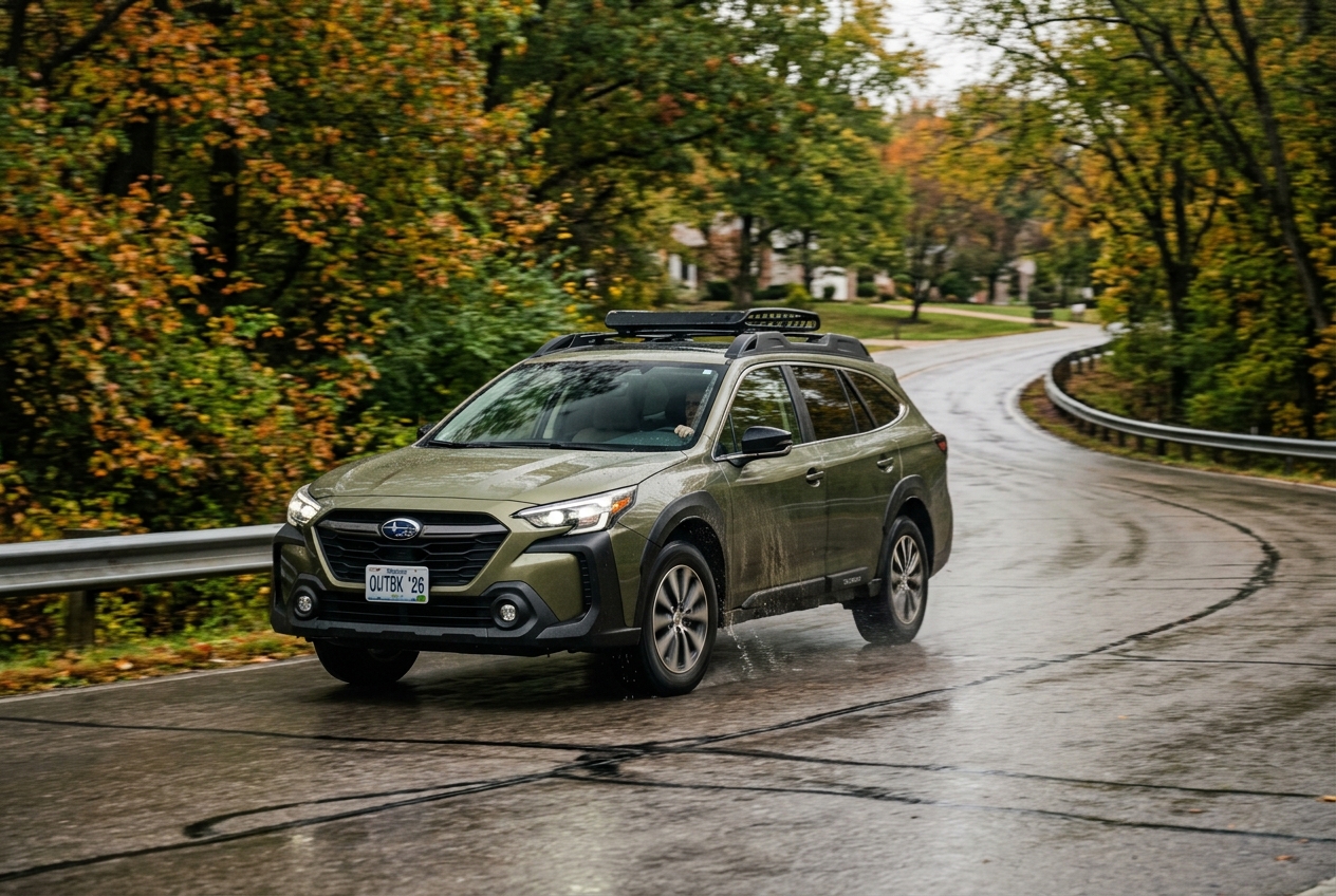 Green Subaru Outback driving on a wet, winding road through colorful autumn trees. (Representative image for illustration purposes only. Actual vehicle may vary based on trim and configuration.)