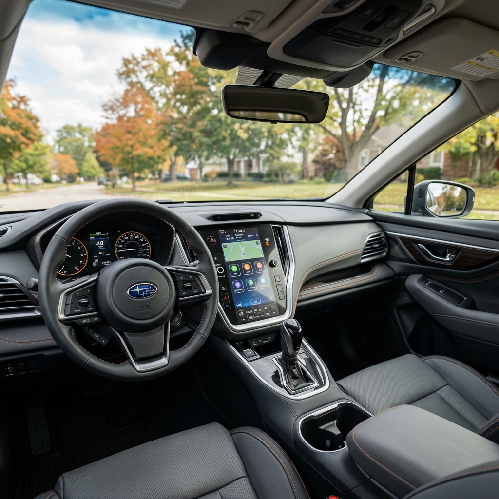 Interior view of a Subaru dashboard featuring a leather steering wheel, vertical touchscreen, and digital gauges. (Representative image for illustration purposes only. Actual vehicle may vary based on trim and configuration.)