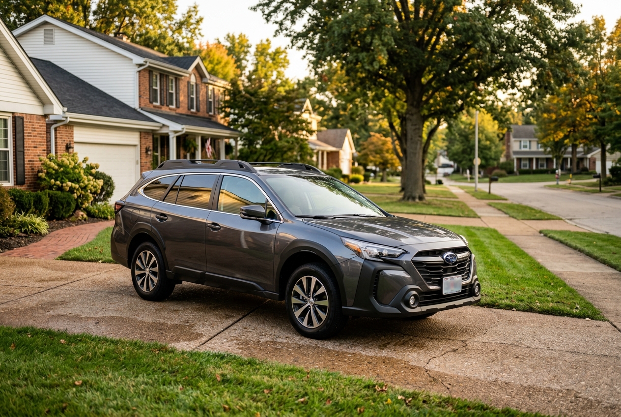 Dark gray Subaru Outback SUV parked on a concrete driveway in front of a suburban house. (Representative image for illustration purposes only. Actual vehicle may vary based on trim and configuration.)