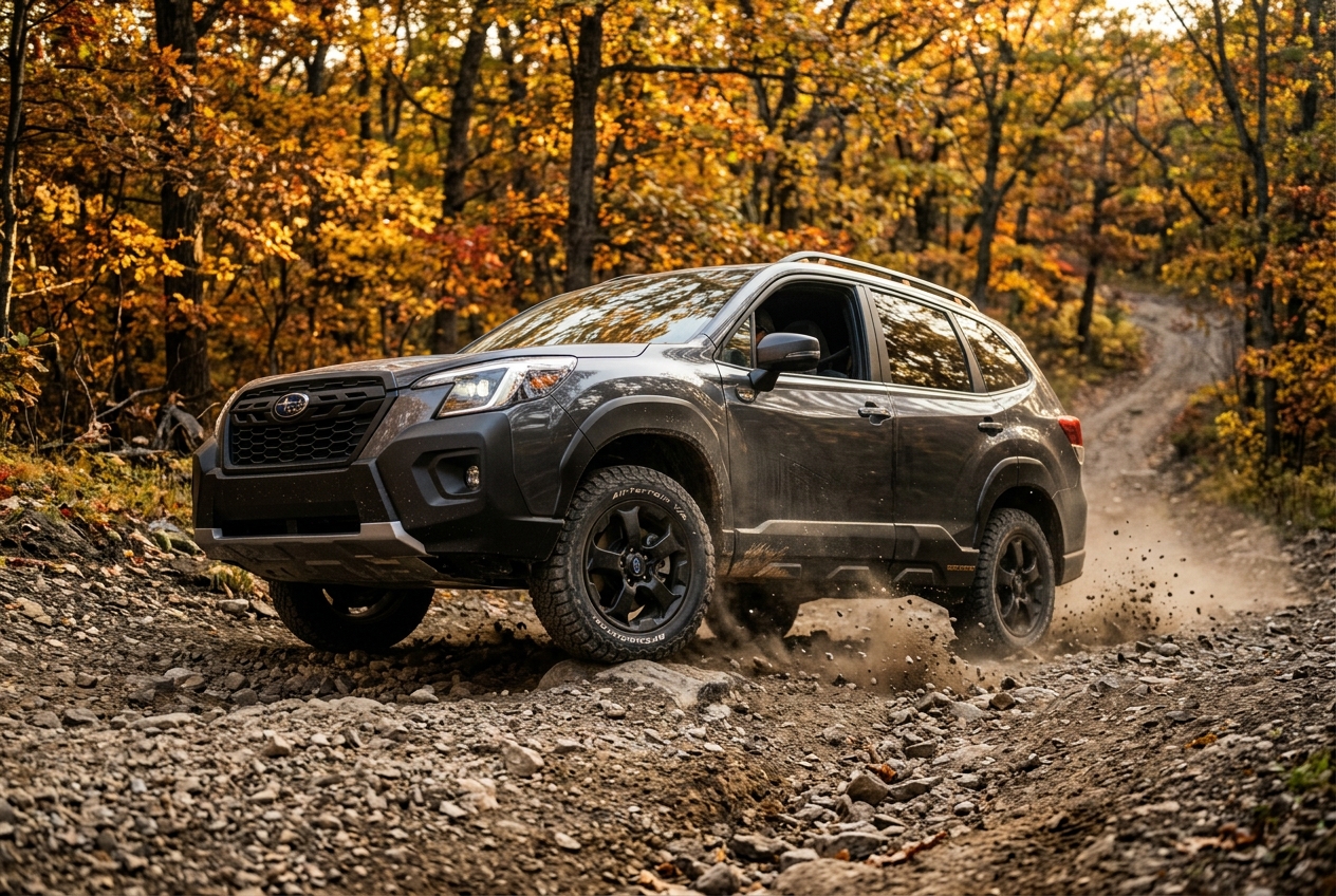 Dark gray Subaru SUV navigating a rocky dirt road through a vibrant autumn forest with dust kicking up from the tires. (Representative image for illustration purposes only. Actual vehicle may vary based on trim and configuration.)