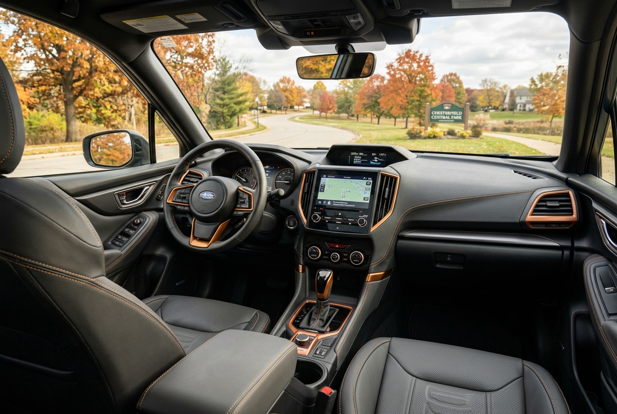 Interior dashboard and leather seats of a Subaru with copper trim, looking out at an autumn park landscape. (Representative image for illustration purposes only. Actual vehicle may vary based on trim and configuration.)