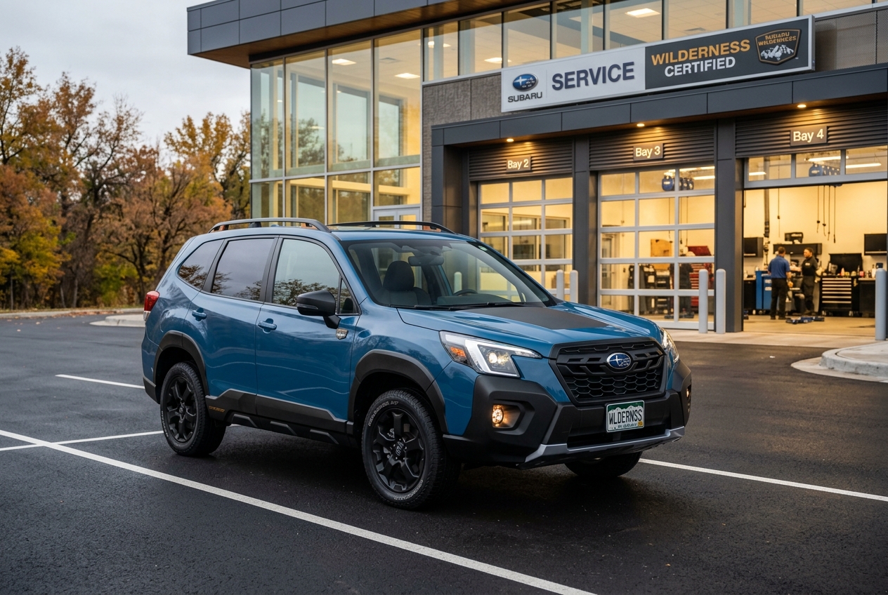 Blue Subaru Forester Wilderness parked in front of a Subaru Wilderness Certified service center. (Representative image for illustration purposes only. Actual vehicle may vary based on trim and configuration.)