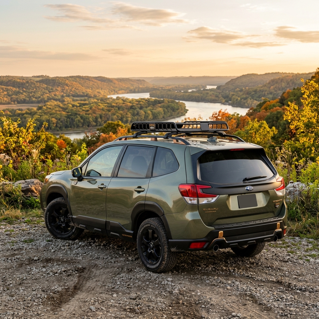 Green Subaru Forester Wilderness parked on a rocky overlook with a scenic river and autumn foliage in the background. (Representative image for illustration purposes only. Actual vehicle may vary based on trim and configuration.)