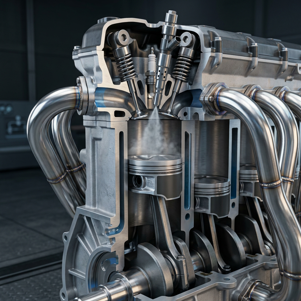 Detailed cutaway visualization of an internal combustion engine cylinder showing fuel injection, piston, and valves. (Representative image for illustration purposes only. Actual vehicle may vary based on trim and configuration.)