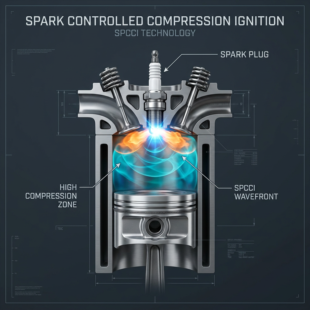 Detailed technical diagram showing the cross-section of an internal combustion engine cylinder with SPCCI ignition. (Representative image for illustration purposes only. Actual vehicle may vary based on trim and configuration.)