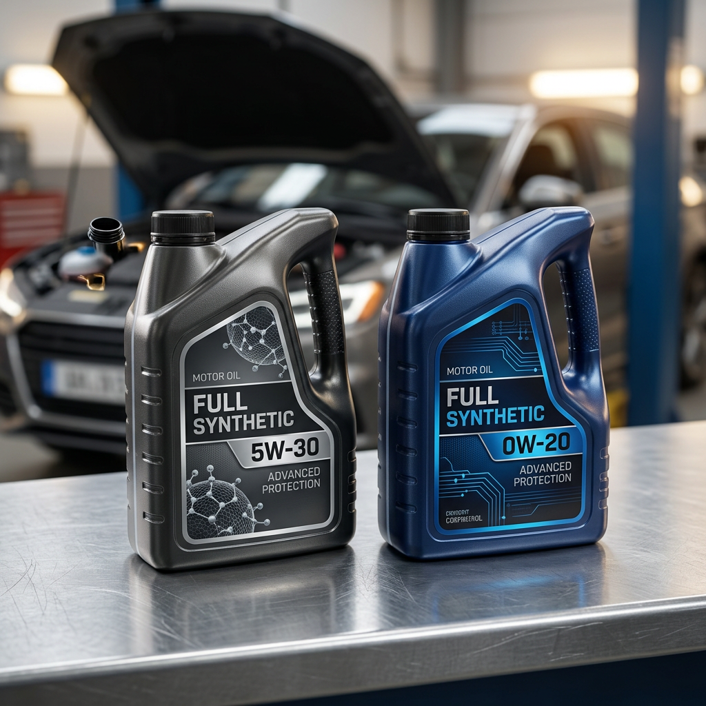 Two jugs of full synthetic motor oil, 5W-30 and 0W-20, sitting on a metal workbench in an auto repair shop. (Representative image for illustration purposes only. Actual vehicle may vary based on trim and configuration.)