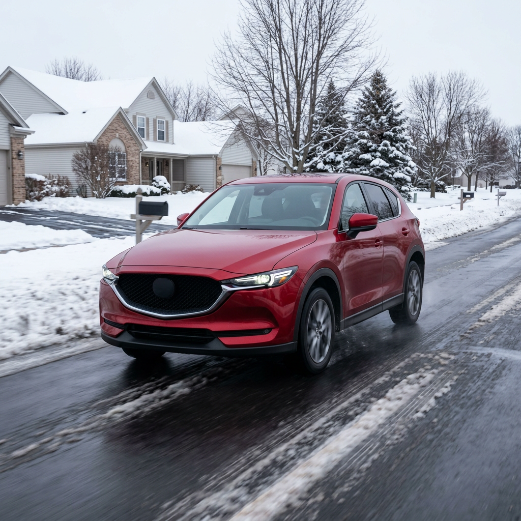 Red crossover SUV driving on a wet, slushy suburban street lined with snow. (Representative image for illustration purposes only. Actual vehicle may vary based on trim and configuration.)