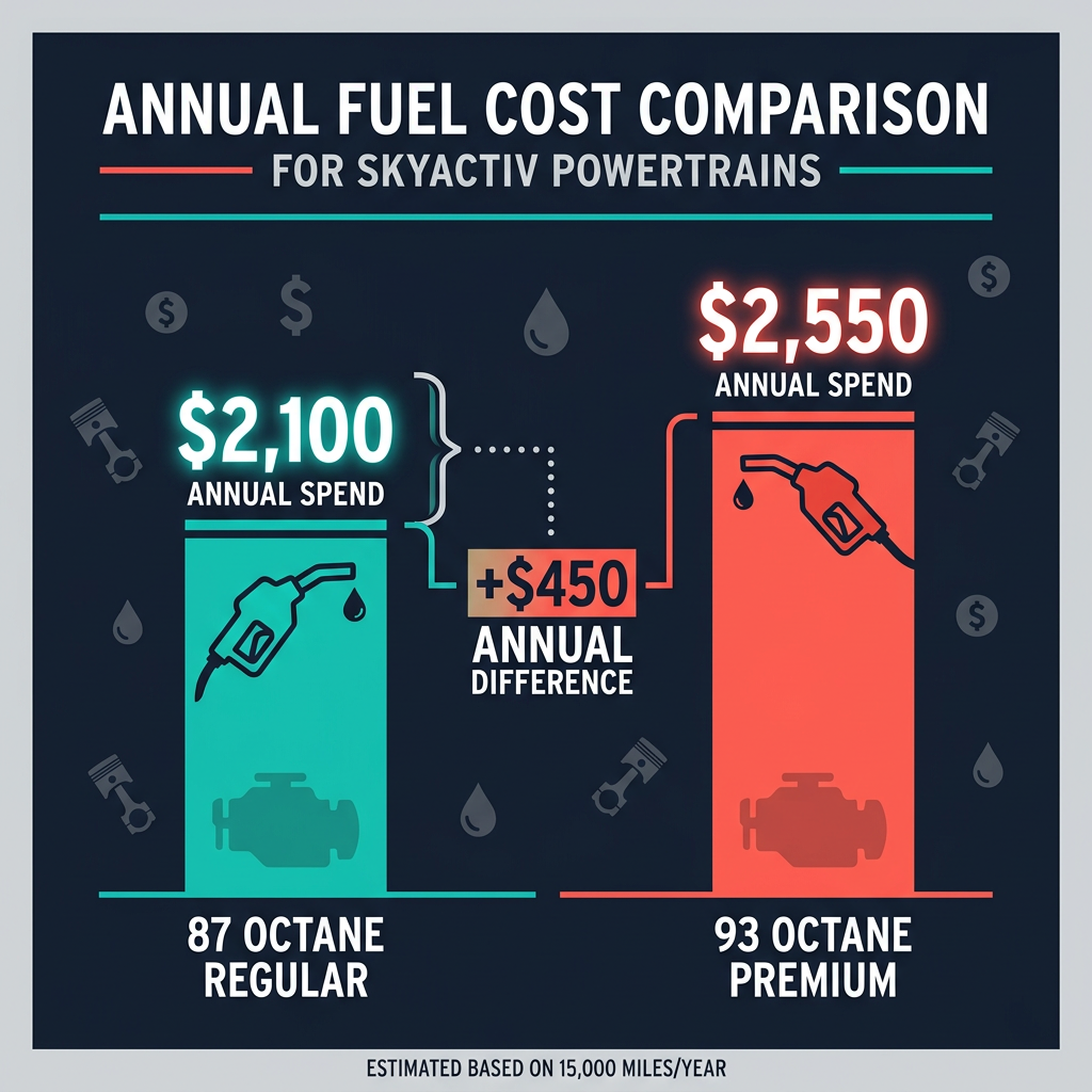 Infographic showing annual fuel cost of $2,100 for 87 octane regular vs $2,550 for 93 octane premium. (Representative image for illustration purposes only. Actual vehicle may vary based on trim and configuration.)