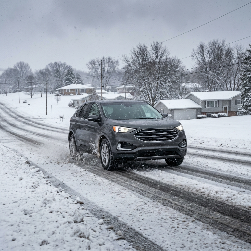 A grey SUV drives along a slushy, snow-covered suburban road during a winter snowfall. (Representative image for illustration purposes only. Actual vehicle may vary based on trim and configuration.)