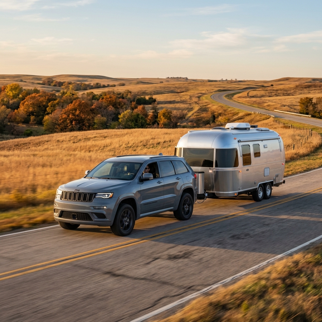 A grey Jeep Grand Cherokee towing a silver Airstream travel trailer along a scenic country road at sunset. (Representative image for illustration purposes only. Actual vehicle may vary based on trim and configuration.)