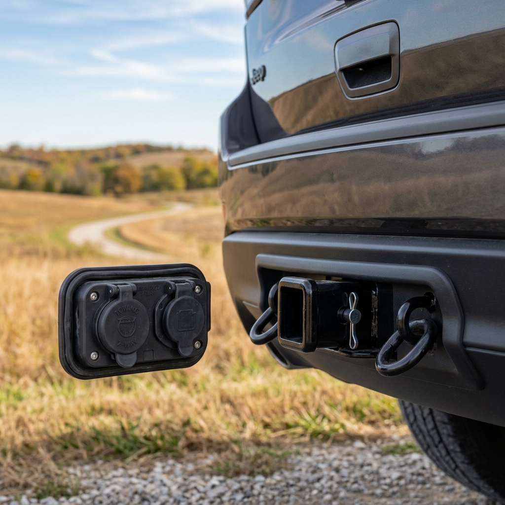 Rear view of a dark grey SUV showing a square trailer receiver hitch, hitch pin, safety loops, and trailer wiring box. (Representative image for illustration purposes only. Actual vehicle may vary based on trim and configuration.)