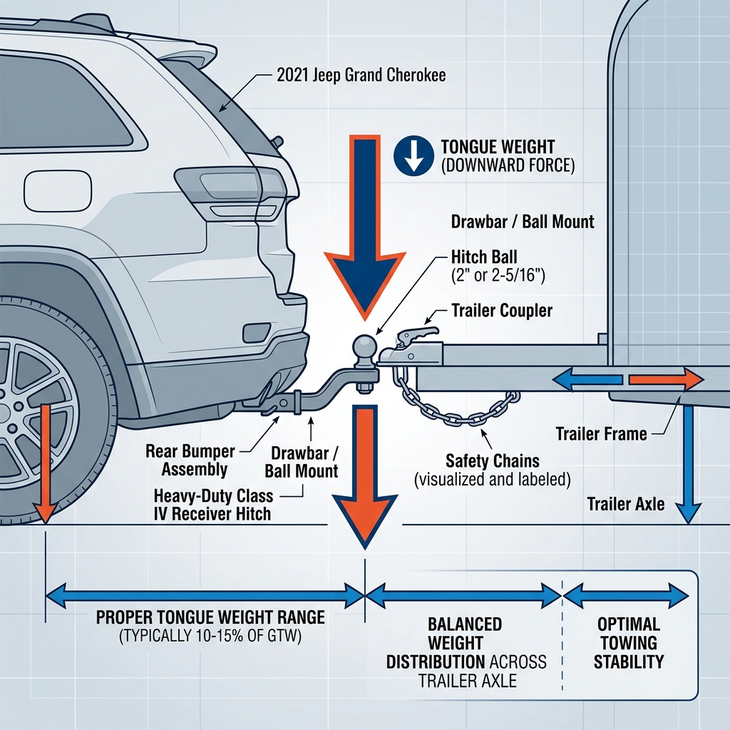 Diagram explaining trailer tongue weight and proper weight distribution for a 2021 Jeep Grand Cherokee hitch system. (Representative image for illustration purposes only. Actual vehicle may vary based on trim and configuration.)
