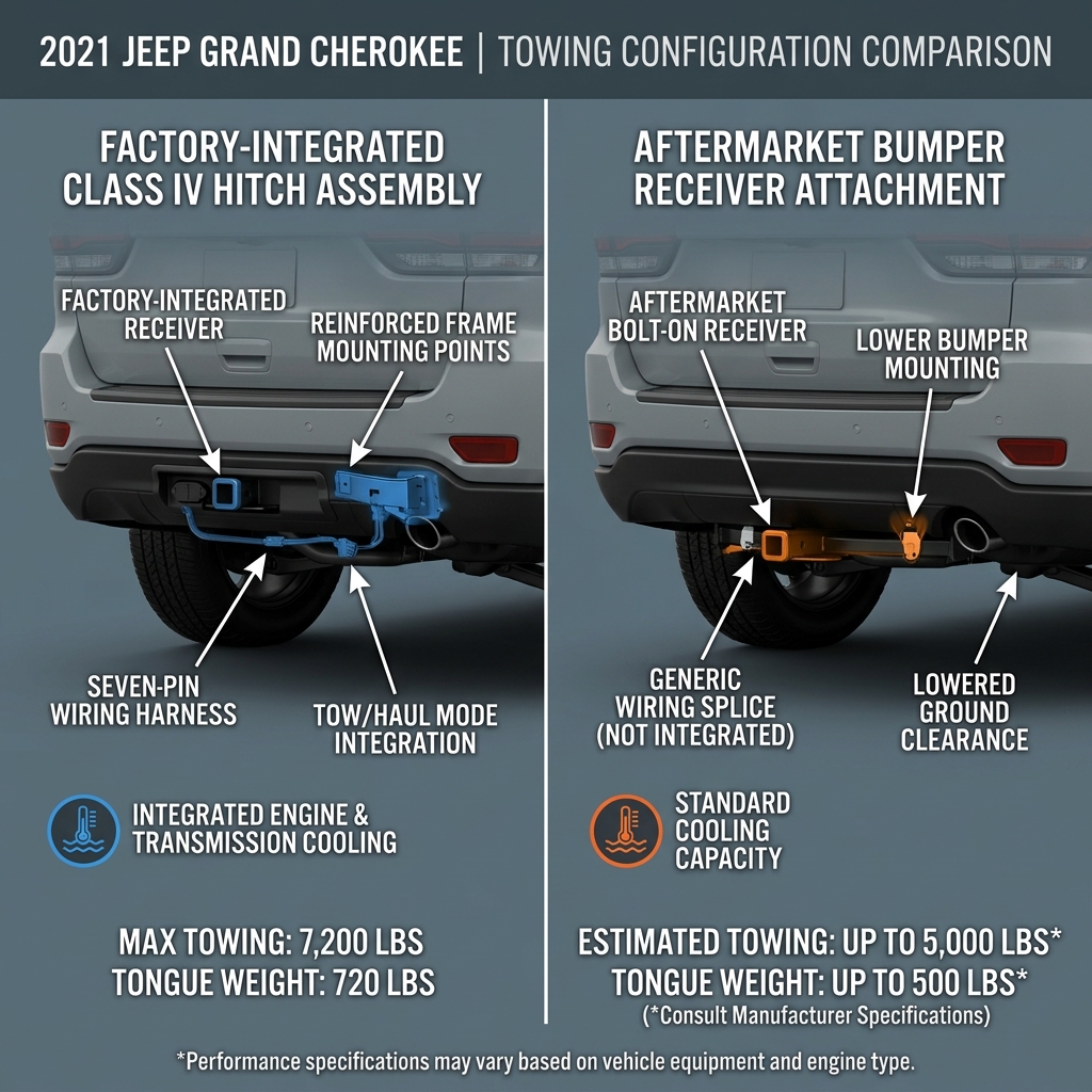 Diagram comparing a factory-integrated Class IV hitch assembly with an aftermarket bumper receiver attachment on a Jeep. (Representative image for illustration purposes only. Actual vehicle may vary based on trim and configuration.)