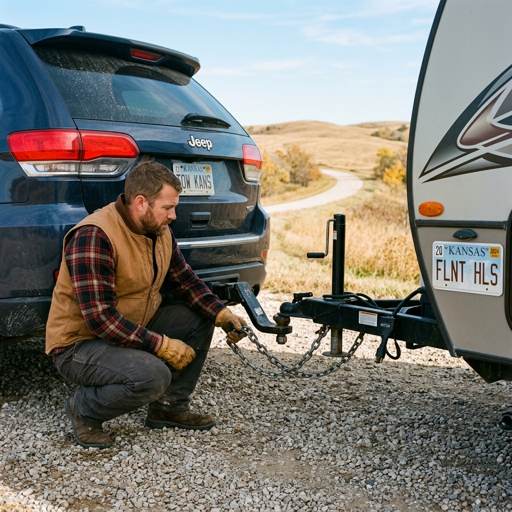 A man in work gloves attaches safety chains between a blue SUV and a camper trailer on a gravel road. (Representative image for illustration purposes only. Actual vehicle may vary based on trim and configuration.)