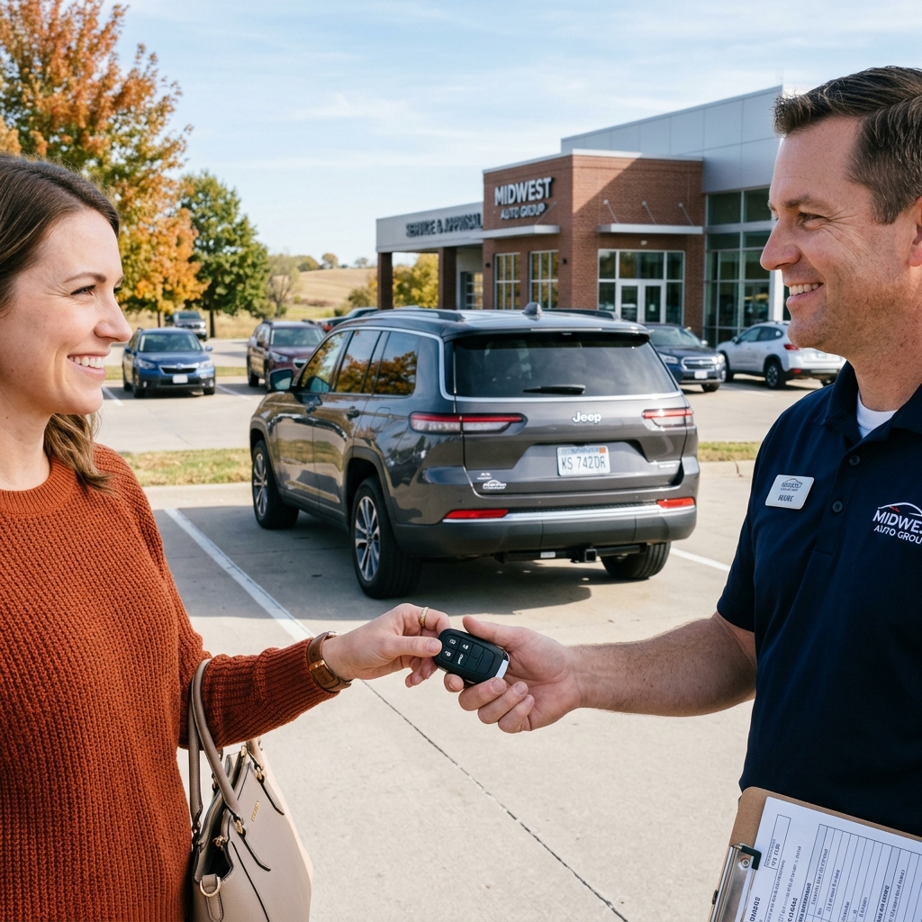 A dealership employee exchanging car keys with a woman in front of a Midwest Auto Group building. (Representative image for illustration purposes only. Actual vehicle may vary based on trim and configuration.)