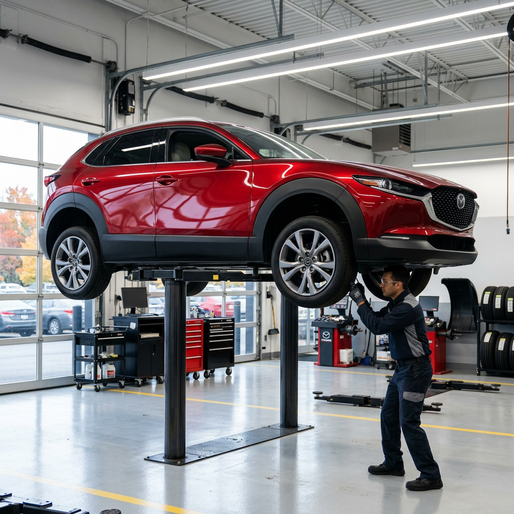 A mechanic inspecting the front wheel of a red Mazda SUV raised on a hydraulic lift inside a service garage. (Representative image for illustration purposes only. Actual vehicle may vary based on trim and configuration.)