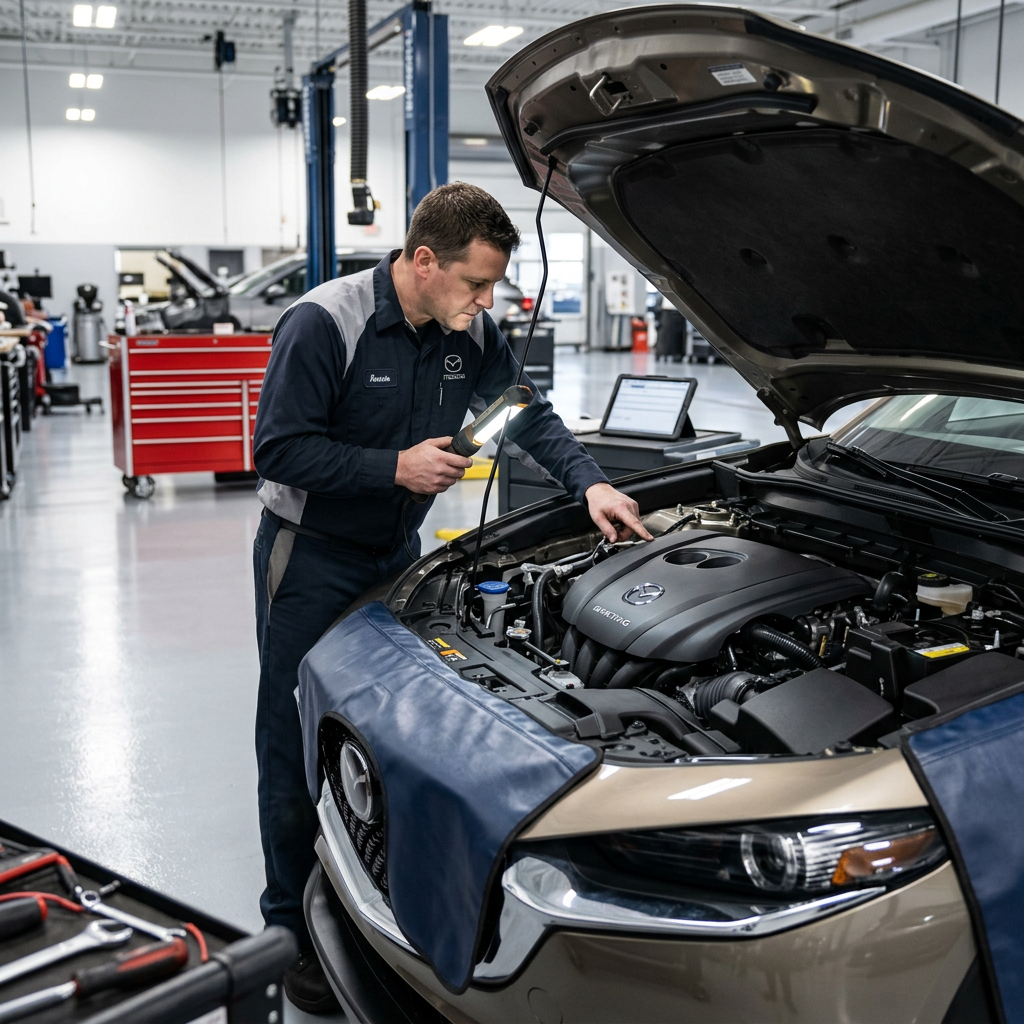 Automotive technician in a Mazda service shop inspecting a car engine bay using a hand held work light. (Representative image for illustration purposes only. Actual vehicle may vary based on trim and configuration.)