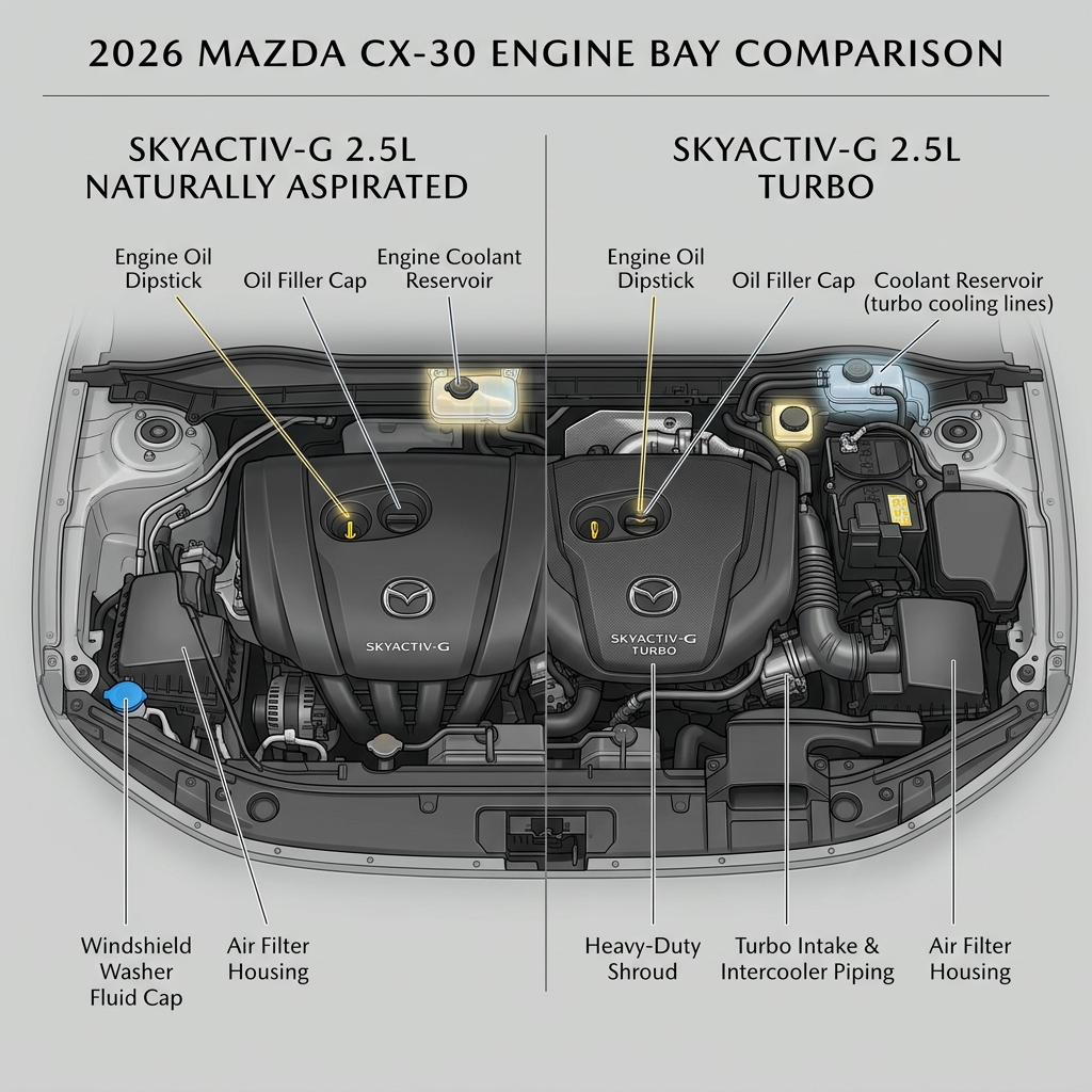 Comparison diagram of the 2026 Mazda CX-30 engine bays: 2.5L Naturally Aspirated versus 2.5L Turbo. (Representative image for illustration purposes only. Actual vehicle may vary based on trim and configuration.)