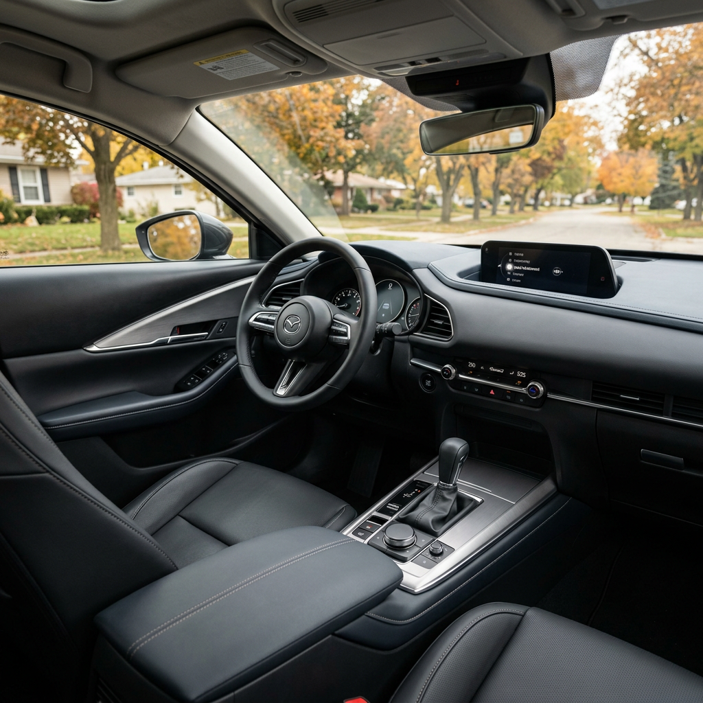 Interior view of a modern Mazda car with black leather seats, dashboard screen, and steering wheel. (Representative image for illustration purposes only. Actual vehicle may vary based on trim and configuration.)