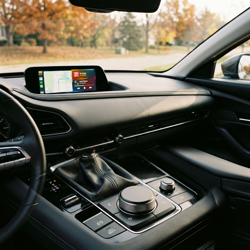 Interior view of a modern car dashboard featuring an infotainment screen with navigation and a rotary control dial. (Representative image for illustration purposes only. Actual vehicle may vary based on trim and configuration.)