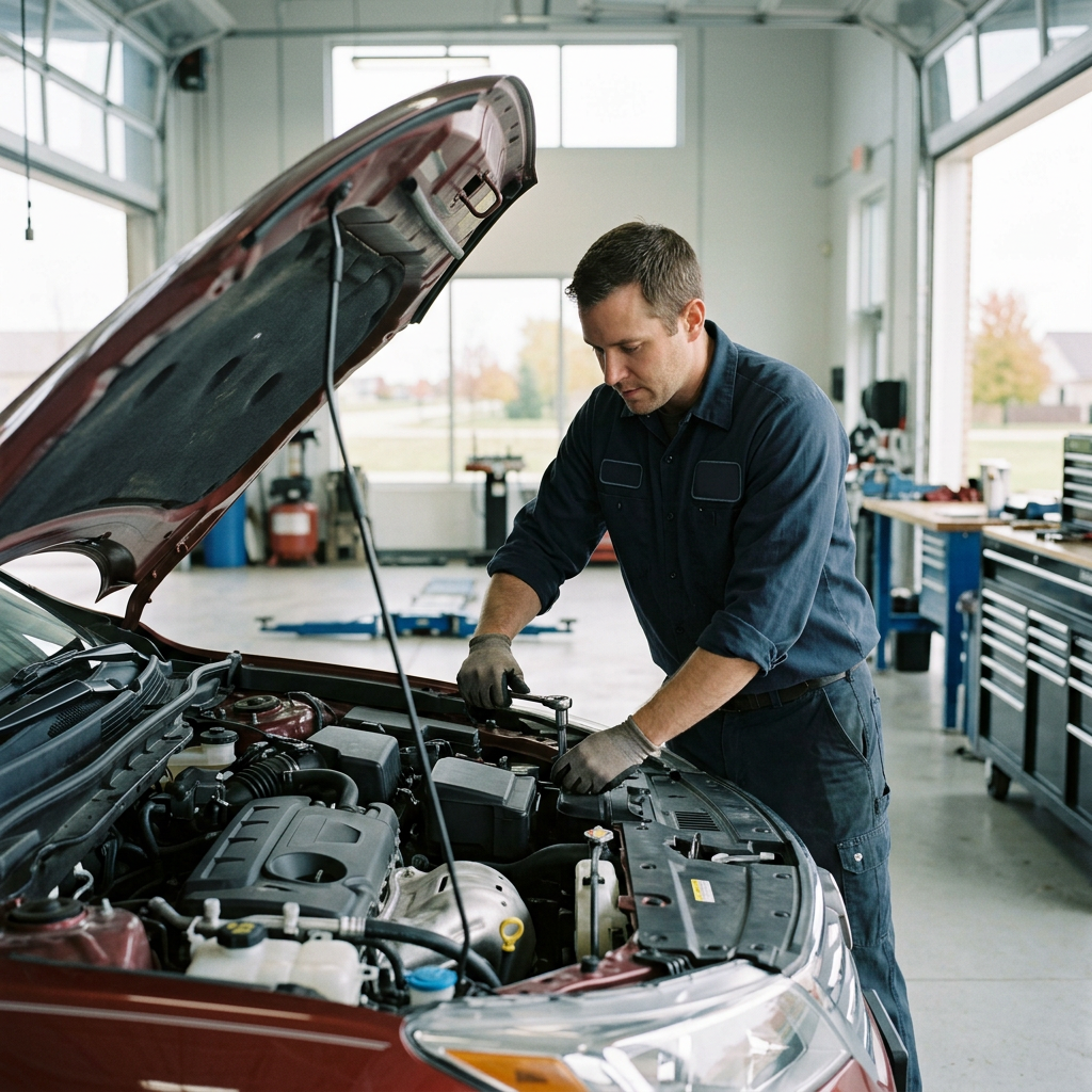 Male mechanic using a socket wrench to repair a car engine inside a modern auto service shop. (Representative image for illustration purposes only. Actual vehicle may vary based on trim and configuration.)