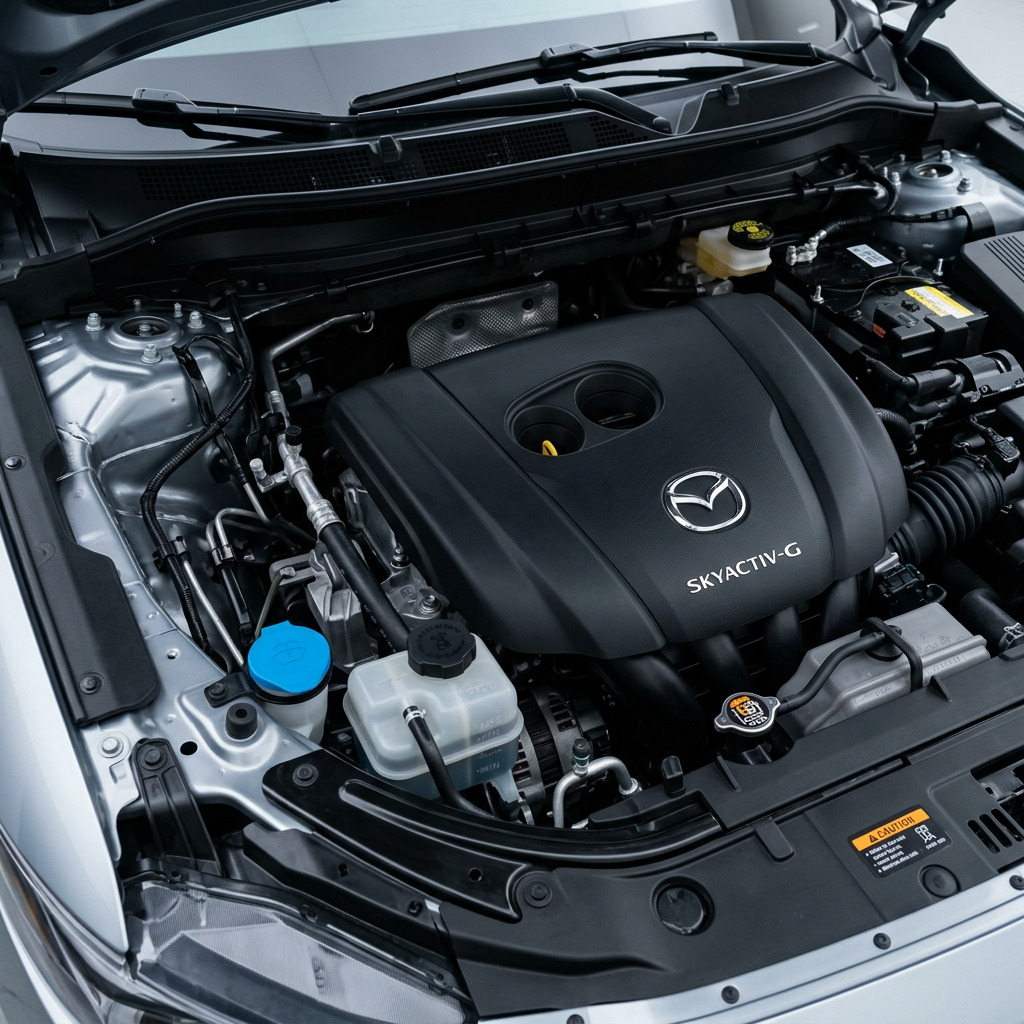 Detailed view of a clean Mazda Skyactiv-G car engine bay showing fluid reservoirs, engine cover, and components. (Representative image for illustration purposes only. Actual vehicle may vary based on trim and configuration.)