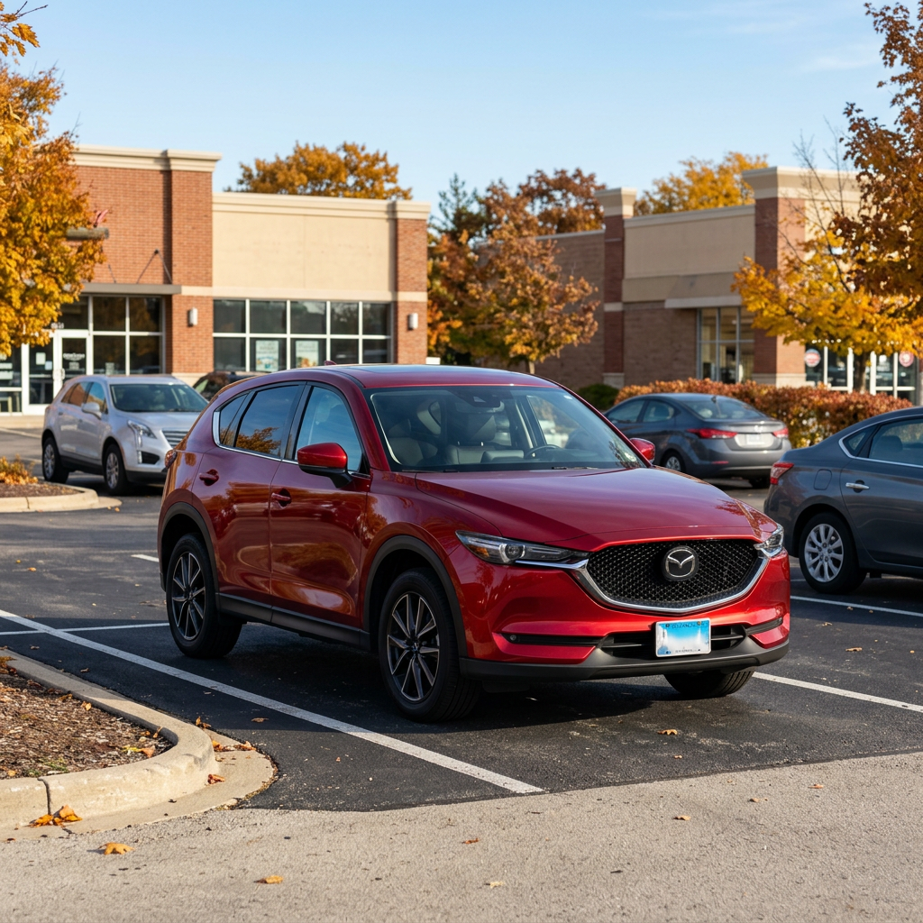 Red Mazda CX-5 SUV parked in an asphalt parking spot with fall trees in the background. (Representative image for illustration purposes only. Actual vehicle may vary based on trim and configuration.)