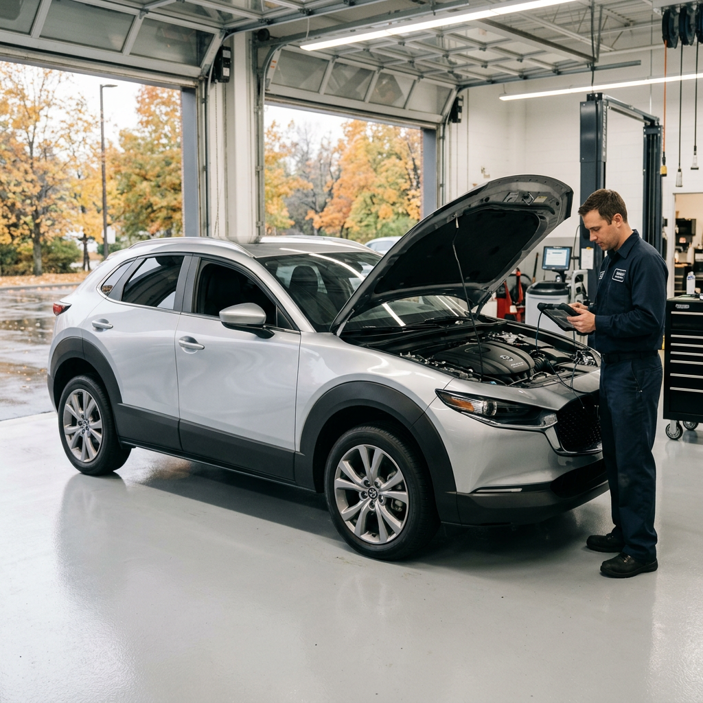 Mechanic using a diagnostic tablet on a silver SUV with the hood open inside a modern auto service shop. (Representative image for illustration purposes only. Actual vehicle may vary based on trim and configuration.)