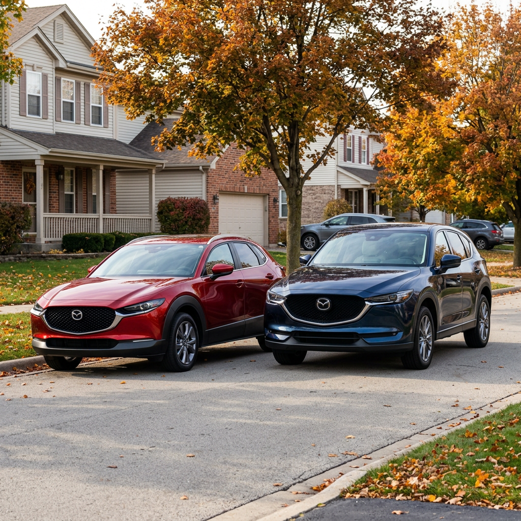 Red and dark blue Mazda SUVs parked side by side on a residential street during autumn. (Representative image for illustration purposes only. Actual vehicle may vary based on trim and configuration.)