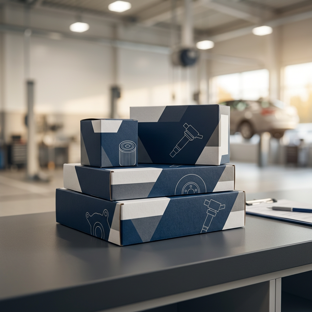 Stack of custom navy and grey branded auto parts boxes on a counter in a car repair shop. (Representative image for illustration purposes only. Actual vehicle may vary based on trim and configuration.)