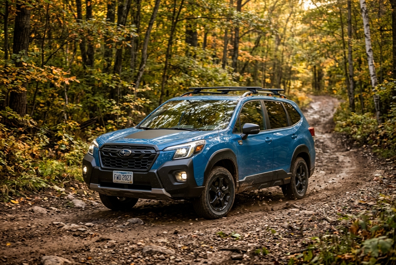 Blue Subaru Forester Wilderness driving on a muddy dirt trail through an autumn forest. (Representative image for illustration purposes only. Actual vehicle may vary based on trim and configuration.)