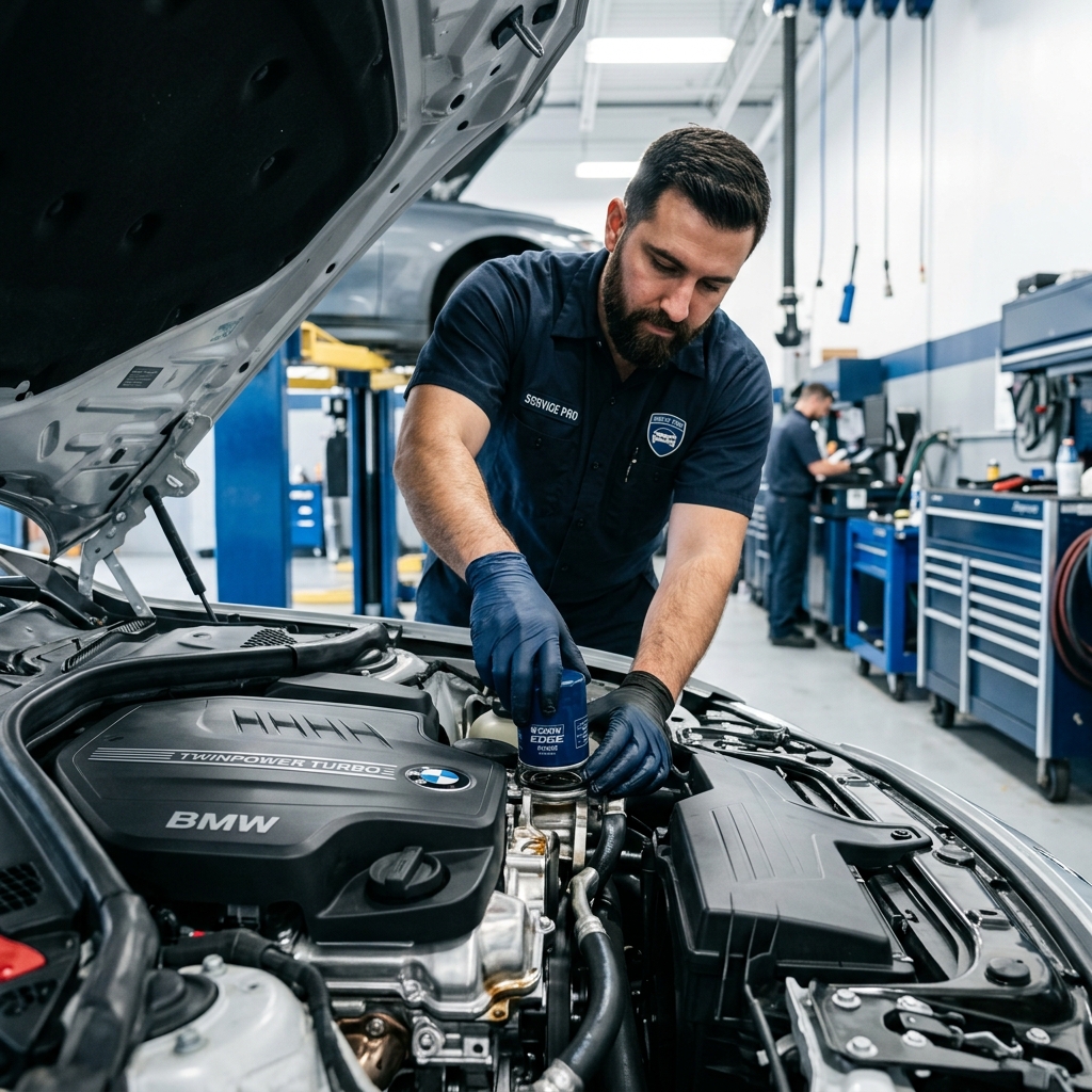 A bearded mechanic wearing blue gloves installs a blue oil filter on a BMW TwinPower Turbo engine in a service bay. (Representative image for illustration purposes only. Actual vehicle may vary based on trim and configuration.)
