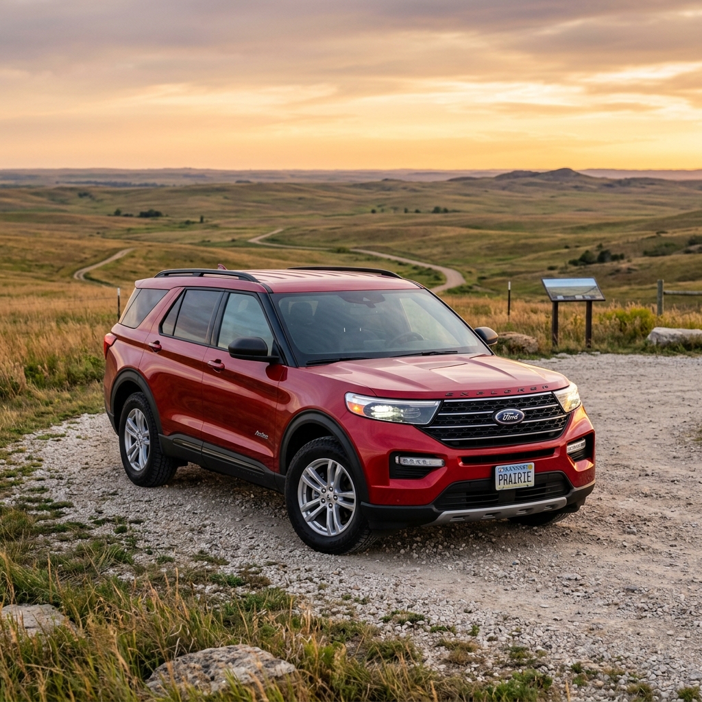 Red Ford Explorer parked on a gravel overlook surrounded by rolling prairie hills during sunset. (Representative image for illustration purposes only. Actual vehicle may vary based on trim and configuration.)