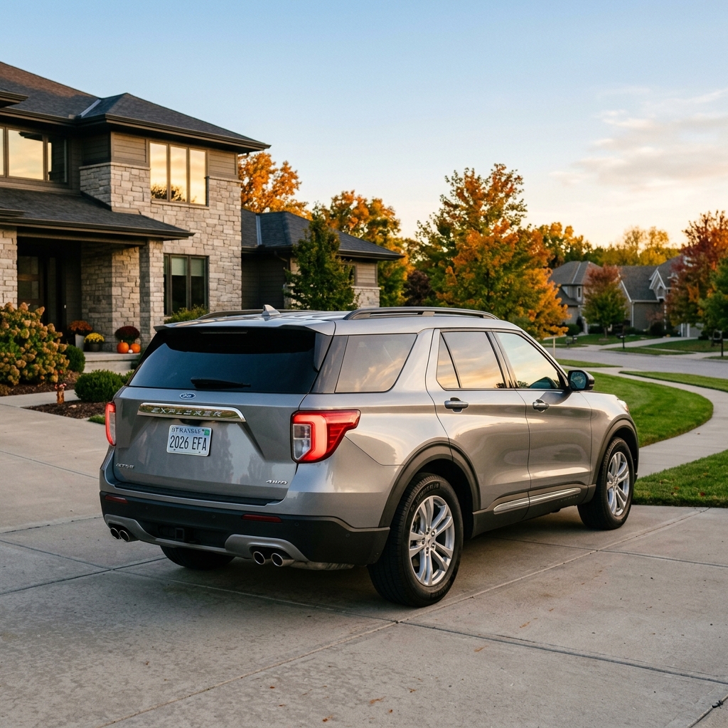Silver Ford Explorer parked in a concrete driveway of a suburban home during autumn sunset. (Representative image for illustration purposes only. Actual vehicle may vary based on trim and configuration.)
