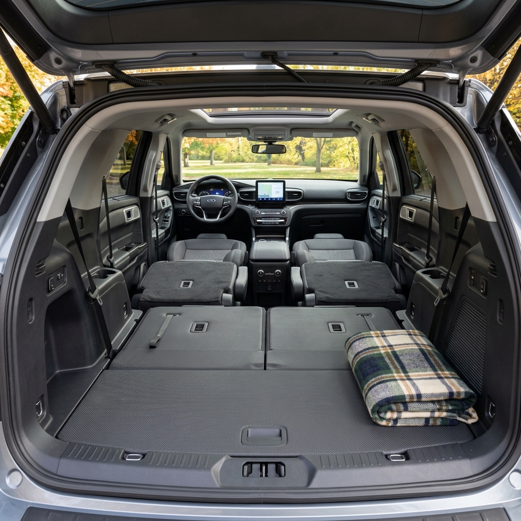 View looking into the spacious cargo area of a silver SUV with second- and third-row seats folded flat and a folded blanket. (Representative image for illustration purposes only. Actual vehicle may vary based on trim and configuration.)