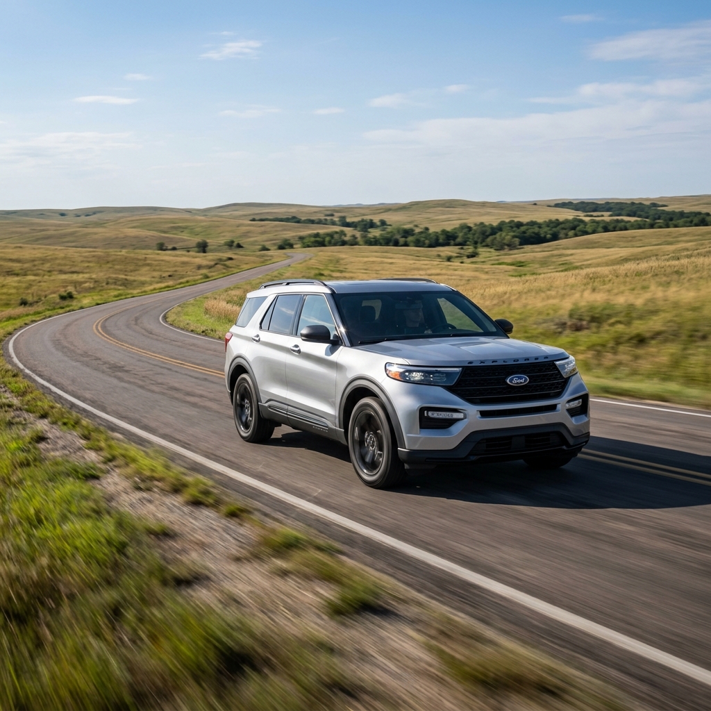 A silver Ford Explorer drives along a winding paved road through scenic, rolling grassy hills under a blue sky. (Representative image for illustration purposes only. Actual vehicle may vary based on trim and configuration.)