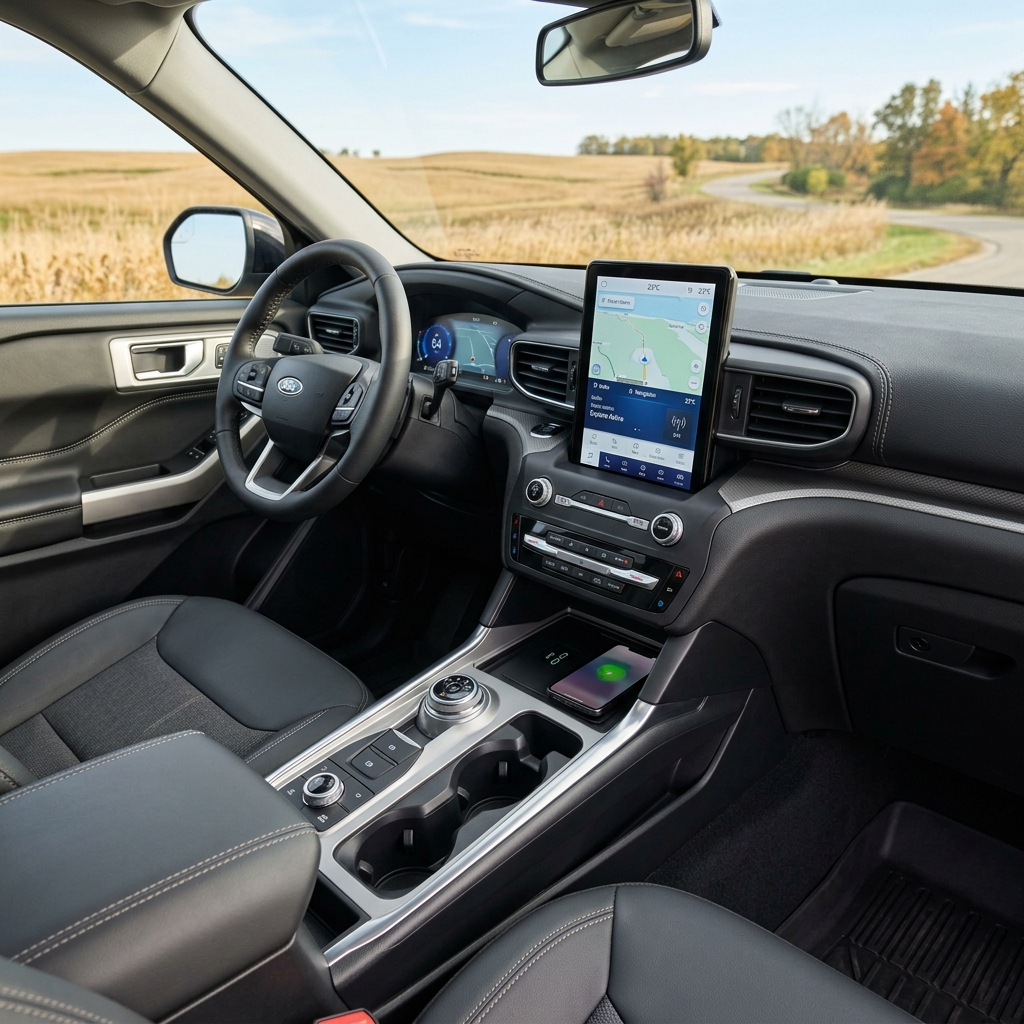 Modern Ford vehicle interior with a vertical infotainment touchscreen, digital dashboard, and leather seats. (Representative image for illustration purposes only. Actual vehicle may vary based on trim and configuration.)