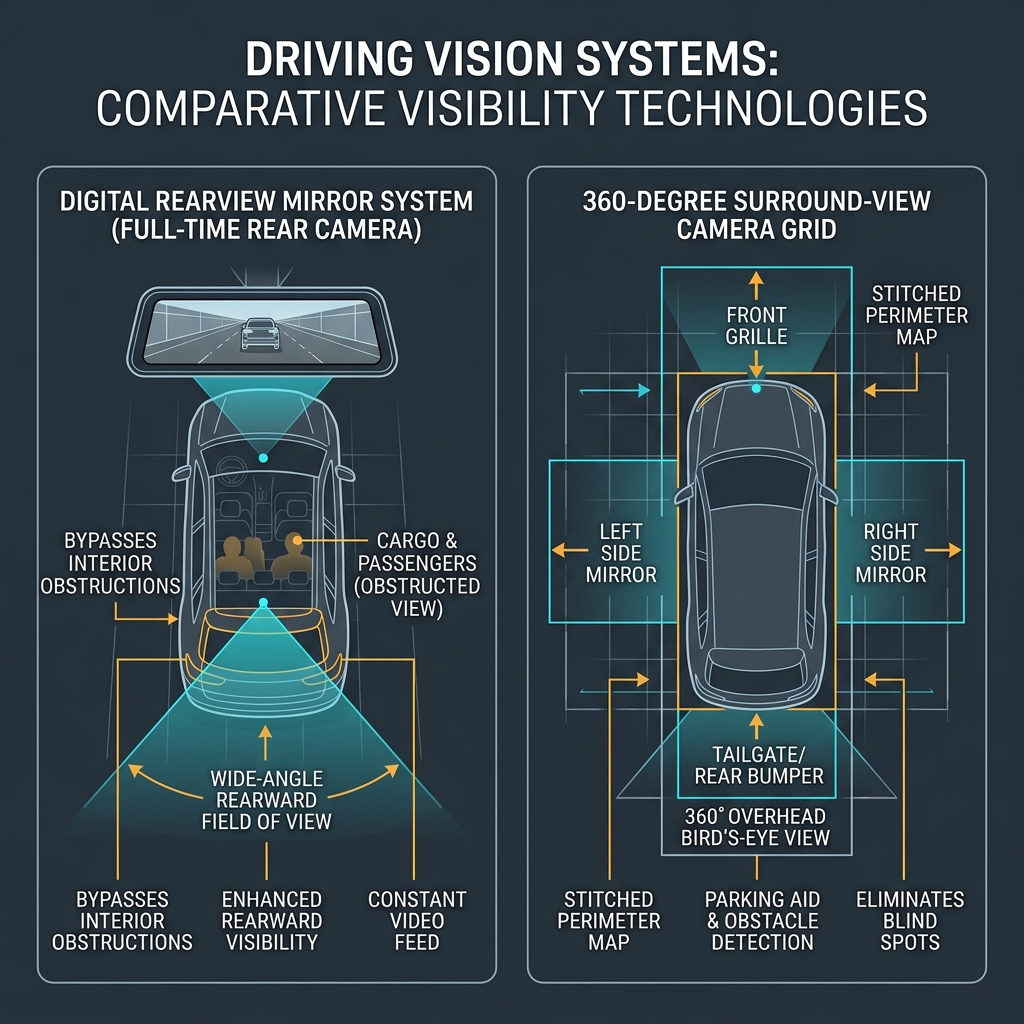 Infographic comparing digital rearview mirror systems and 360-degree surround-view camera grids for vehicles. (Representative image for illustration purposes only. Actual vehicle may vary based on trim and configuration.)