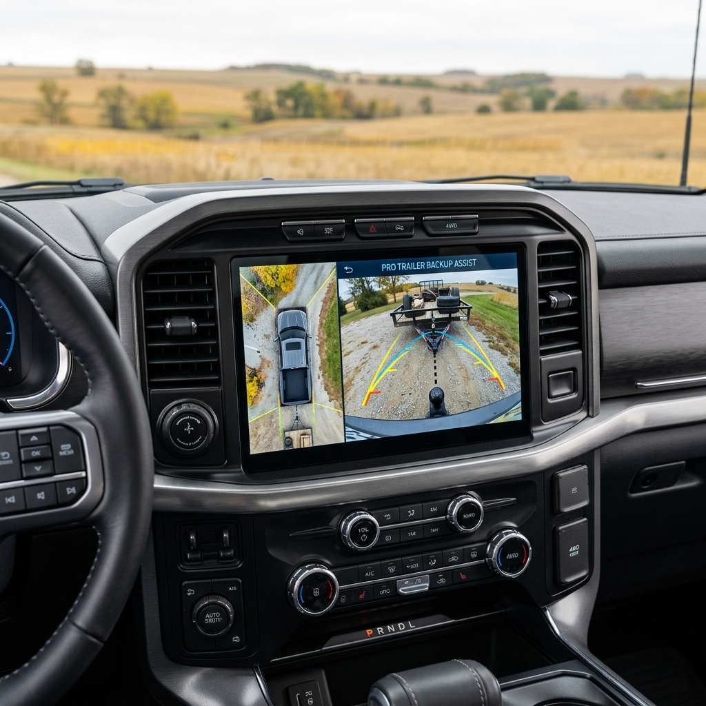 Dashboard screen in a Ford truck showing Pro Trailer Backup Assist camera views while backing up to a trailer. (Representative image for illustration purposes only. Actual vehicle may vary based on trim and configuration.)