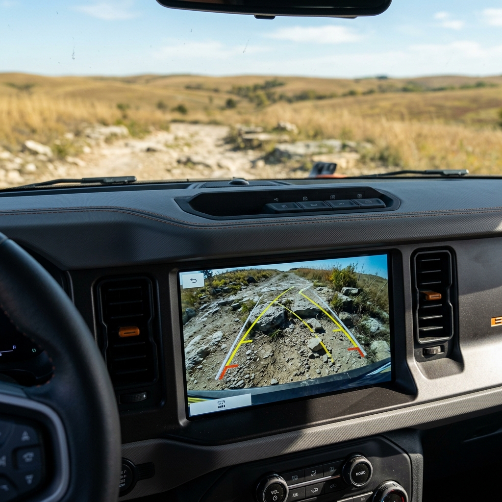 Dashboard screen inside an off-road SUV displaying a front-facing trail camera with guide lines on a rocky terrain. (Representative image for illustration purposes only. Actual vehicle may vary based on trim and configuration.)