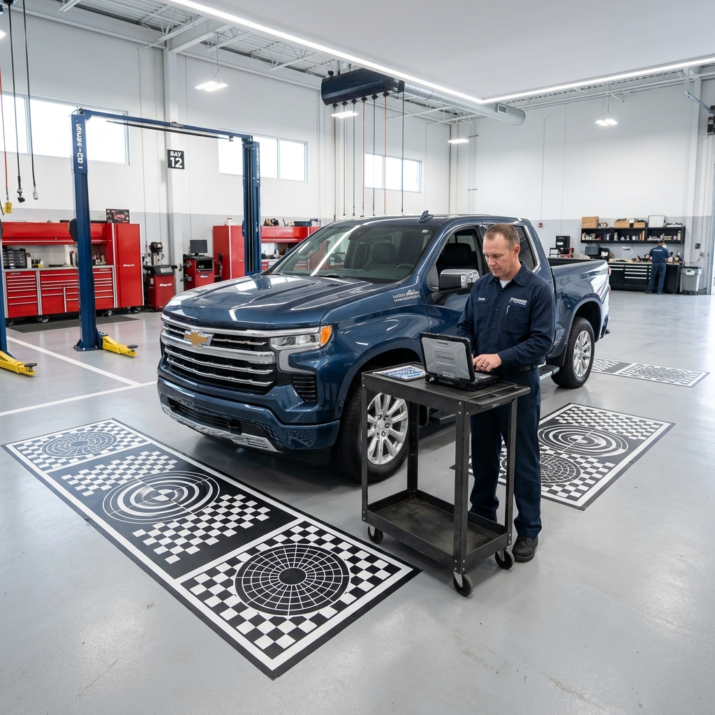 Auto technician standing by a blue Chevrolet truck using a laptop on a rolling cart inside an ADAS calibration bay. (Representative image for illustration purposes only. Actual vehicle may vary based on trim and configuration.)