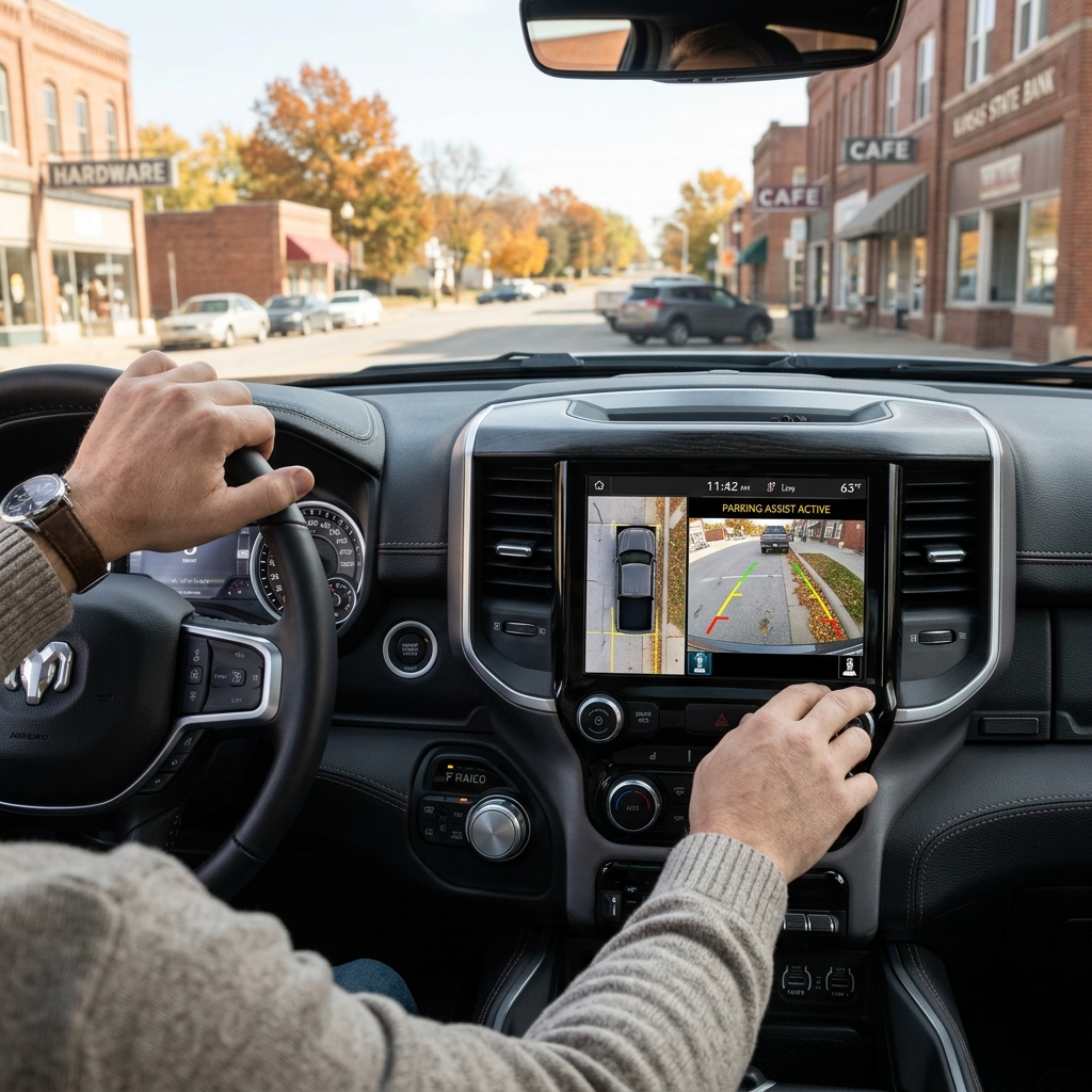 Driver in a Ram truck using the parking assist camera system displayed on the central touchscreen. (Representative image for illustration purposes only. Actual vehicle may vary based on trim and configuration.)