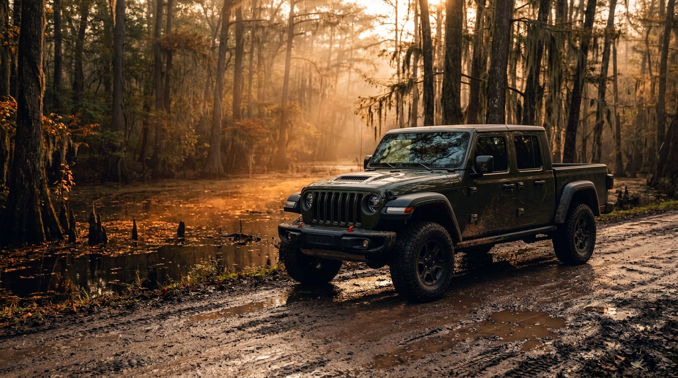 Dark green Jeep Gladiator pickup truck parked on a muddy road beside a foggy cypress swamp at sunset. (Representative image for illustration purposes only. Actual vehicle may vary based on trim and configuration.)