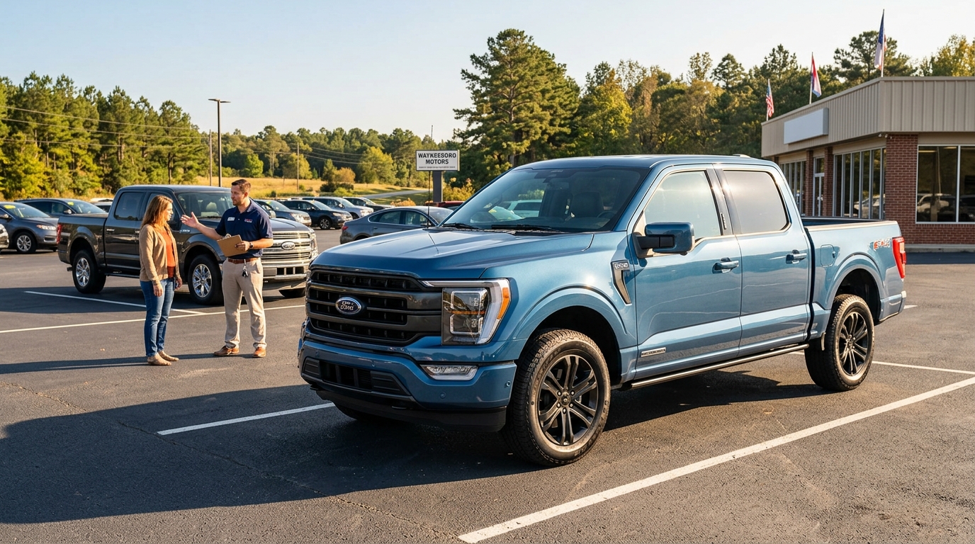 A blue Ford F-150 pickup truck parked at a dealership lot while a salesman talks to a customer. (Representative image for illustration purposes only. Actual vehicle may vary based on trim and configuration.)