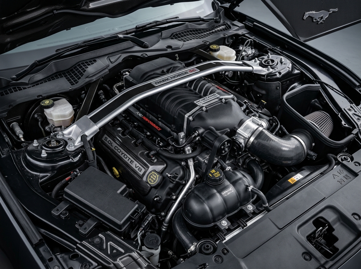 Detailed view of a supercharged 5.0L Coyote V8 engine inside a Ford Mustang Dark Horse SC engine bay. (Representative image for illustration purposes only. Actual vehicle may vary based on trim and configuration.)