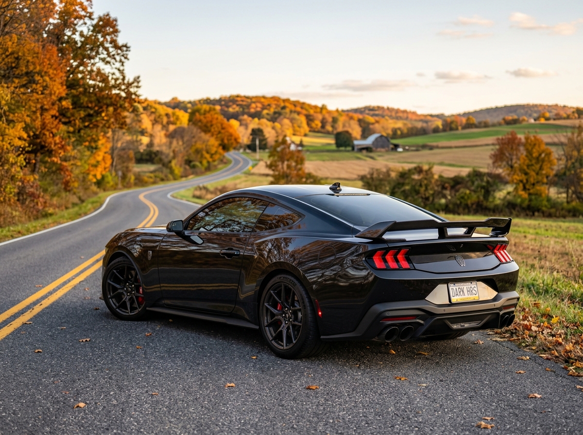 A black Ford Mustang Dark Horse parked on a winding country road surrounded by colorful autumn foliage. (Representative image for illustration purposes only. Actual vehicle may vary based on trim and configuration.)