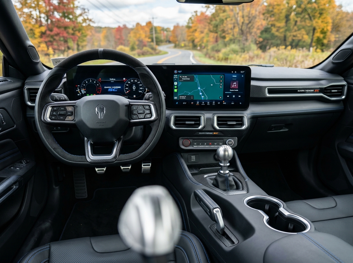 Interior view of a sports car dashboard and manual gear shifter looking out onto a winding autumn road. (Representative image for illustration purposes only. Actual vehicle may vary based on trim and configuration.)