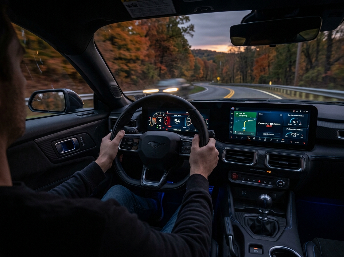 Driver's point of view inside a Ford Mustang Dark Horse navigating a winding road lined with autumn trees. (Representative image for illustration purposes only. Actual vehicle may vary based on trim and configuration.)