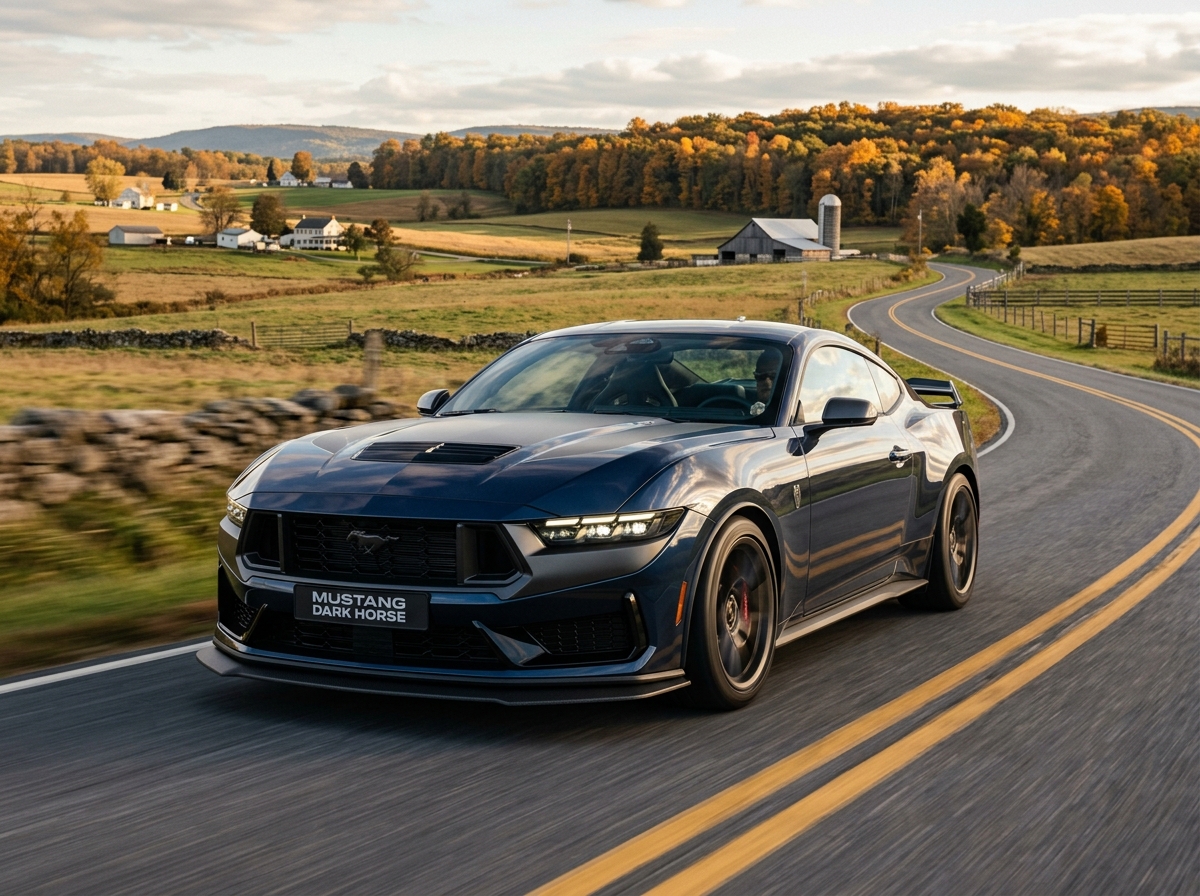 Dark blue Ford Mustang Dark Horse driving along a winding countryside road during autumn. (Representative image for illustration purposes only. Actual vehicle may vary based on trim and configuration.)